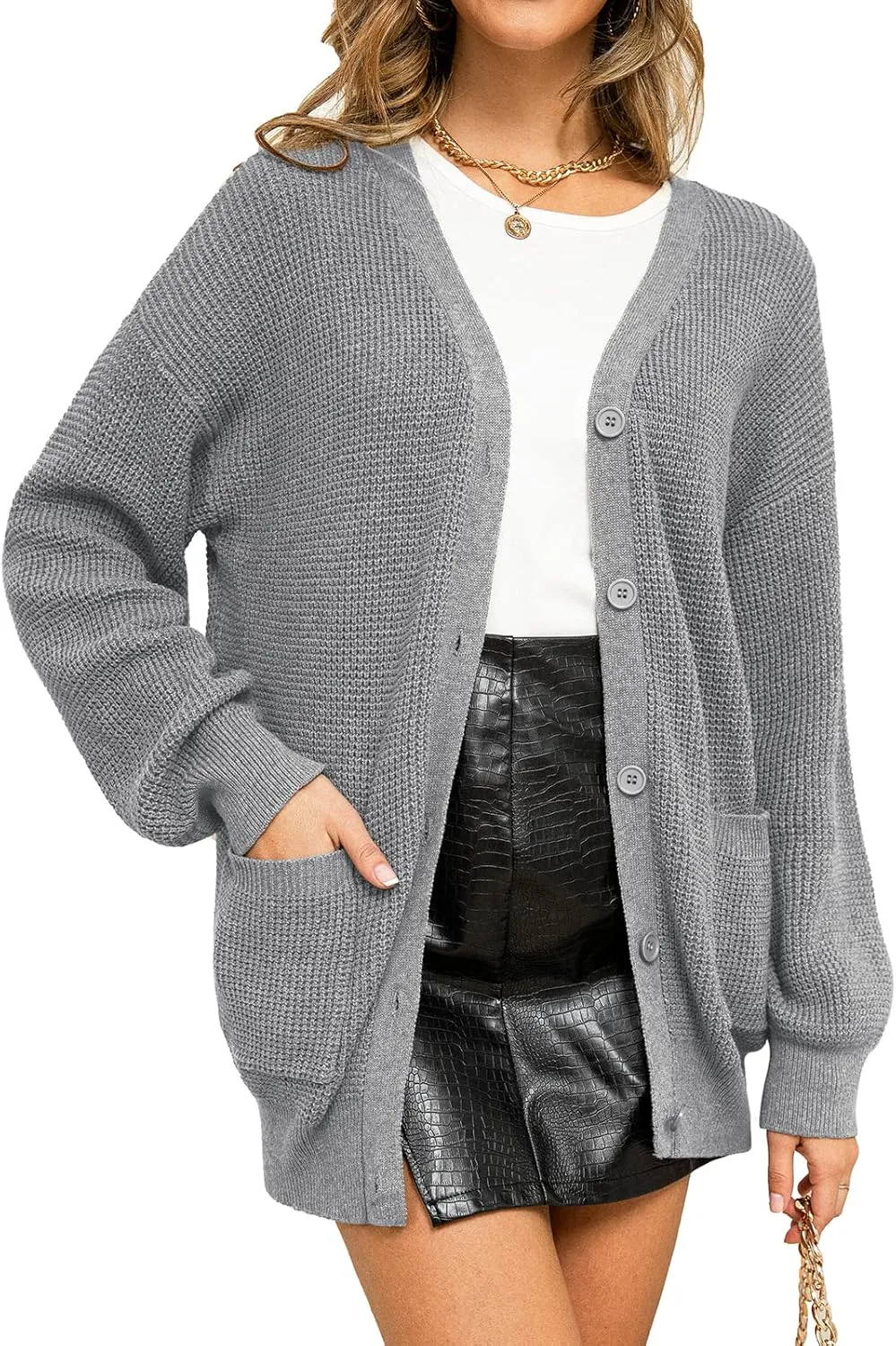 QUALFORT Women's 100% Cotton Cardigan Sweaters for Women Button Down Oversized Knit Outerwear with Pockets