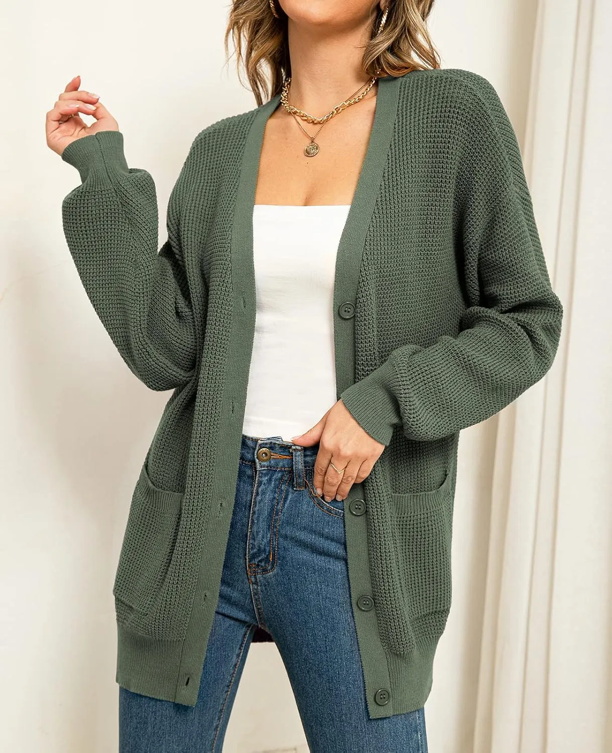 QUALFORT Women's 100% Cotton Cardigan Sweaters for Women Button Down Oversized Knit Outerwear with Pockets