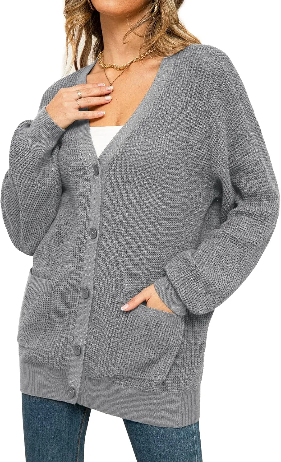 QUALFORT Women's 100% Cotton Cardigan Sweaters for Women Button Down Oversized Knit Outerwear with Pockets