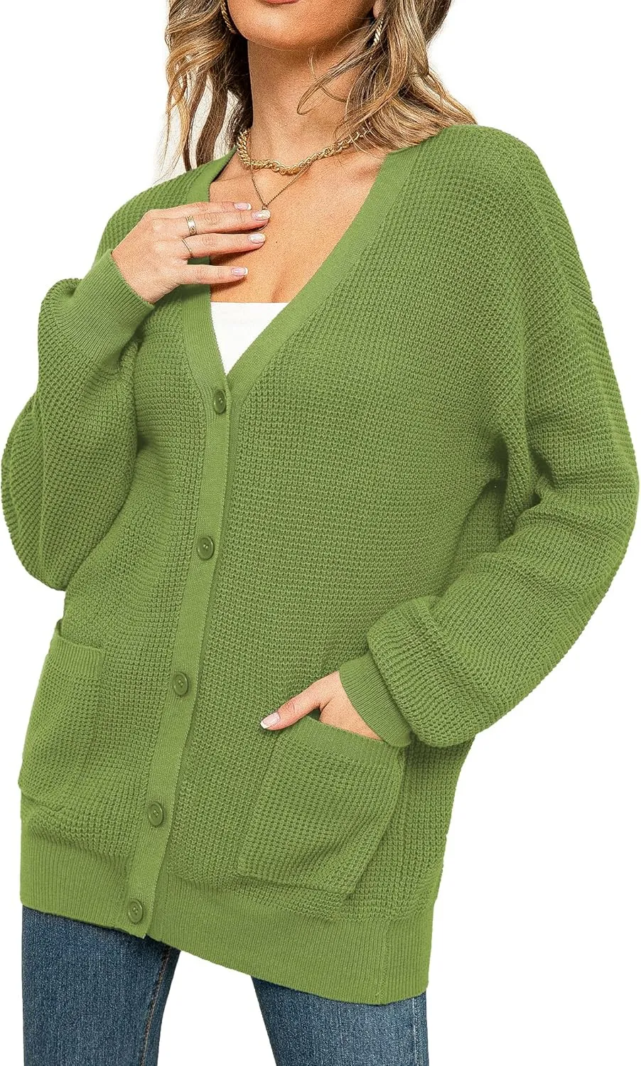 QUALFORT Women's 100% Cotton Cardigan Sweaters for Women Button Down Oversized Knit Outerwear with Pockets