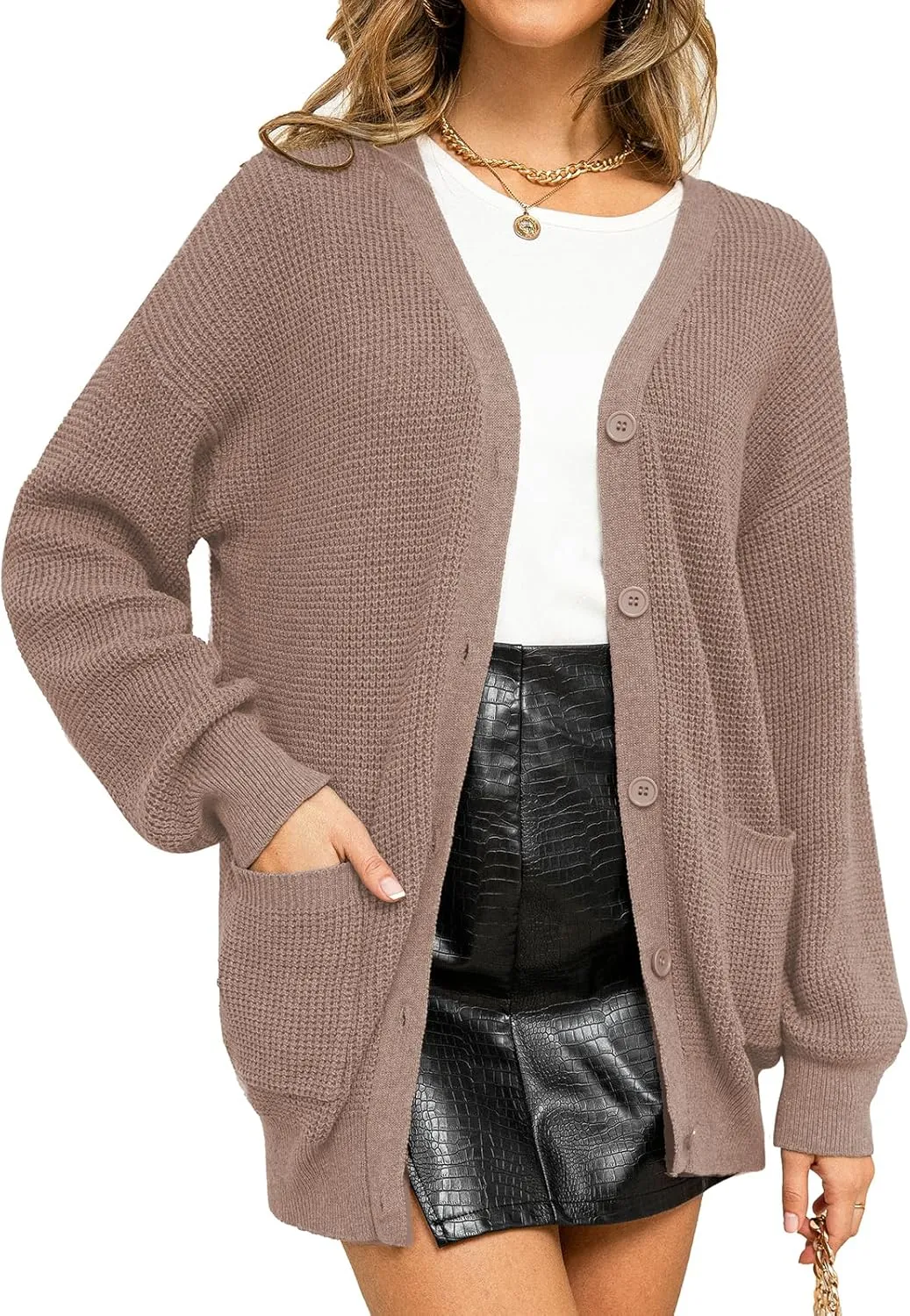 QUALFORT Women's 100% Cotton Cardigan Sweaters for Women Button Down Oversized Knit Outerwear with Pockets