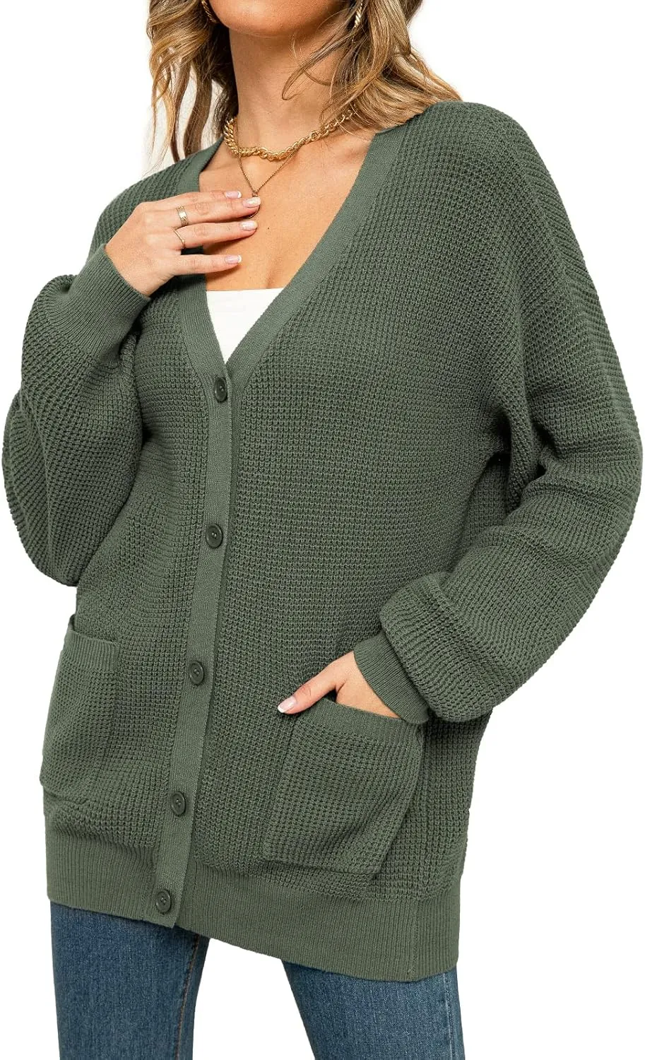QUALFORT Women's 100% Cotton Cardigan Sweaters for Women Button Down Oversized Knit Outerwear with Pockets