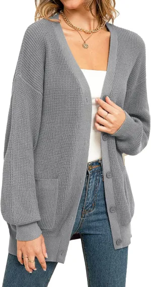 QUALFORT Women's 100% Cotton Cardigan Sweaters for Women Button Down Oversized Knit Outerwear with Pockets