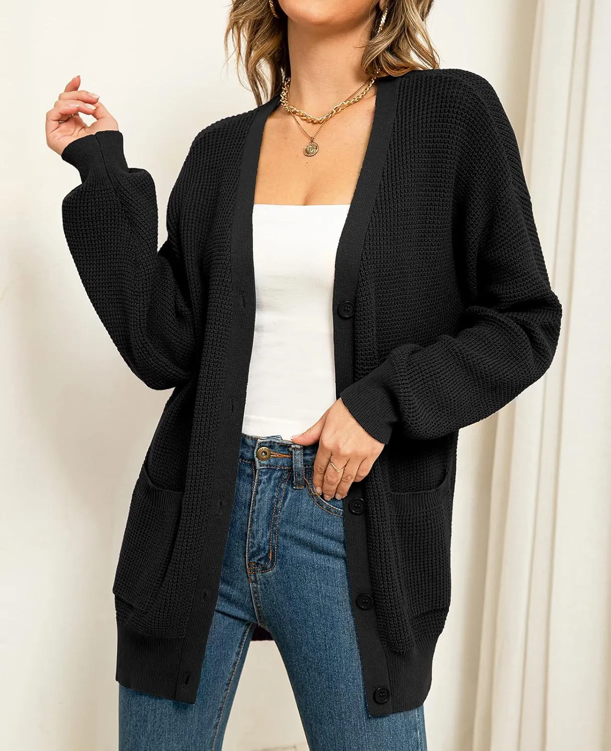 QUALFORT Women's 100% Cotton Cardigan Sweaters for Women Button Down Oversized Knit Outerwear with Pockets
