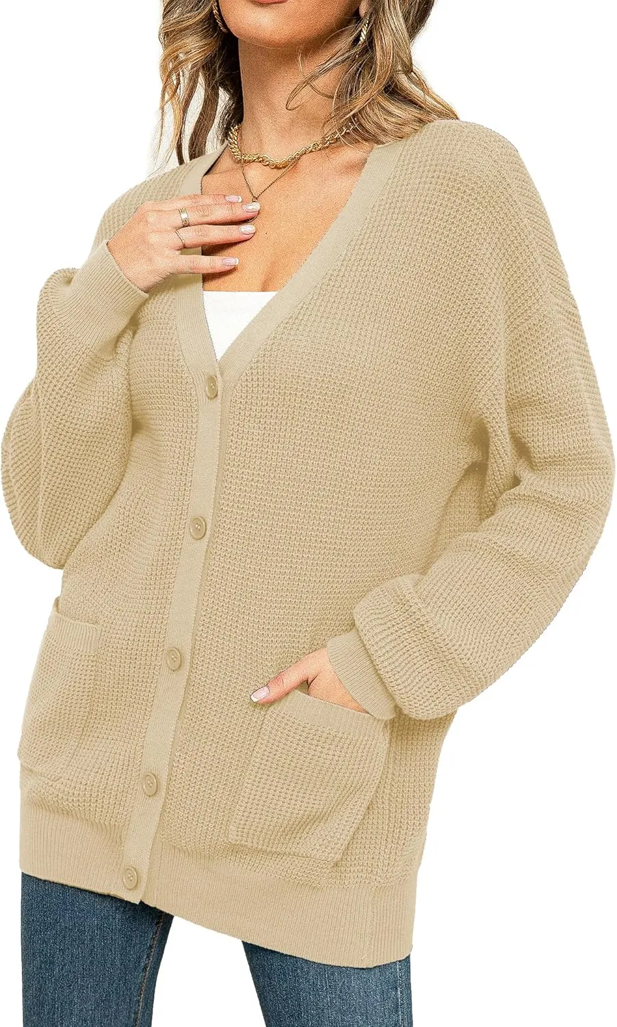 QUALFORT Women's 100% Cotton Cardigan Sweaters for Women Button Down Oversized Knit Outerwear with Pockets