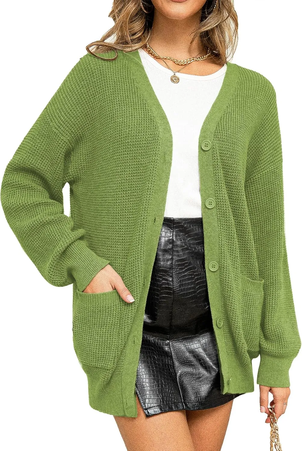 QUALFORT Women's 100% Cotton Cardigan Sweaters for Women Button Down Oversized Knit Outerwear with Pockets