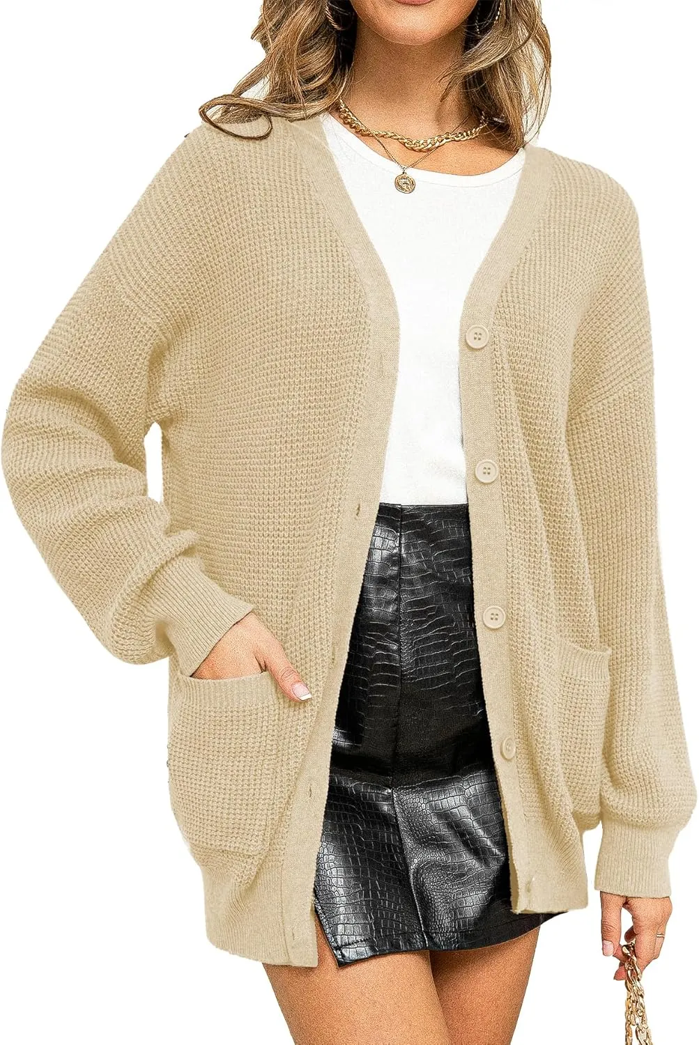 QUALFORT Women's 100% Cotton Cardigan Sweaters for Women Button Down Oversized Knit Outerwear with Pockets
