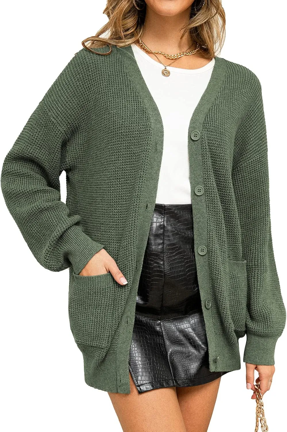 QUALFORT Women's 100% Cotton Cardigan Sweaters for Women Button Down Oversized Knit Outerwear with Pockets