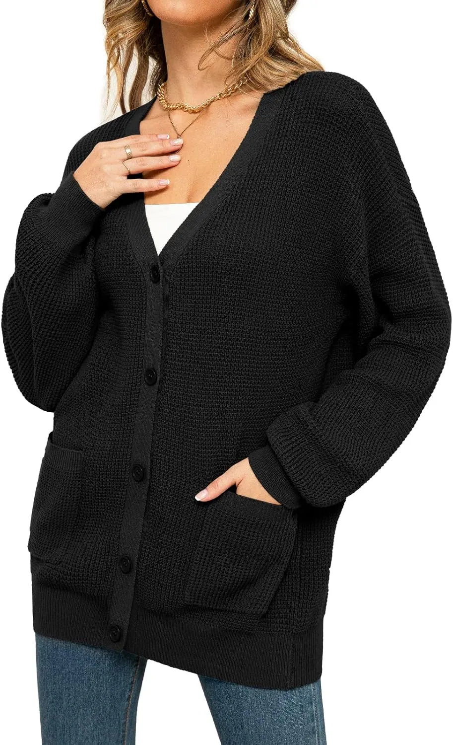 QUALFORT Women's 100% Cotton Cardigan Sweaters for Women Button Down Oversized Knit Outerwear with Pockets