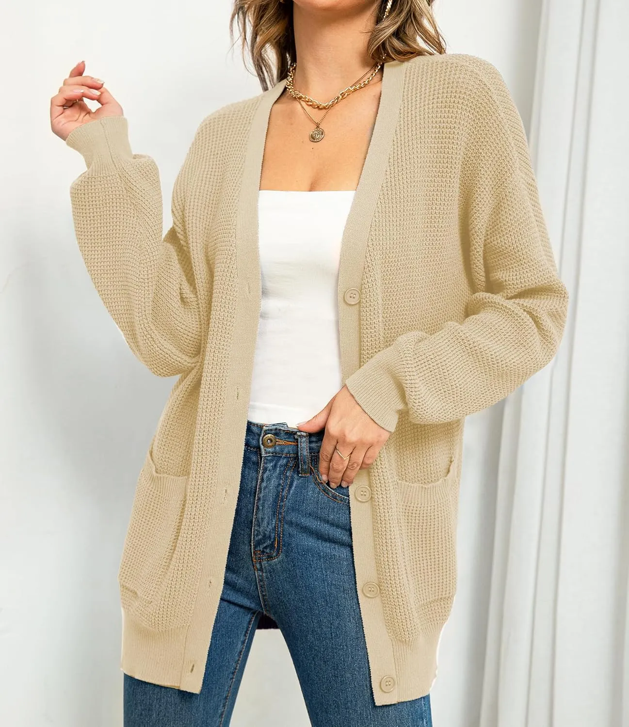 QUALFORT Women's 100% Cotton Cardigan Sweaters for Women Button Down Oversized Knit Outerwear with Pockets