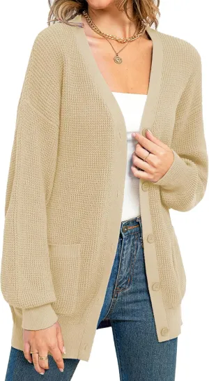 QUALFORT Women's 100% Cotton Cardigan Sweaters for Women Button Down Oversized Knit Outerwear with Pockets