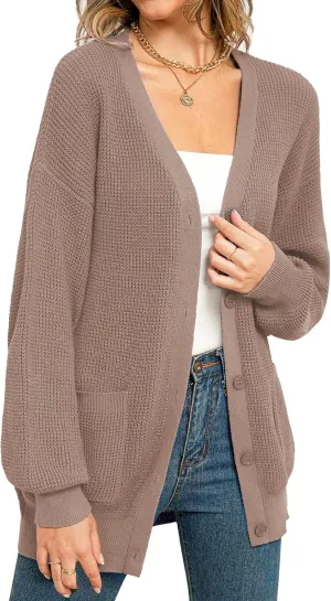 QUALFORT Women's 100% Cotton Cardigan Sweaters for Women Button Down Oversized Knit Outerwear with Pockets