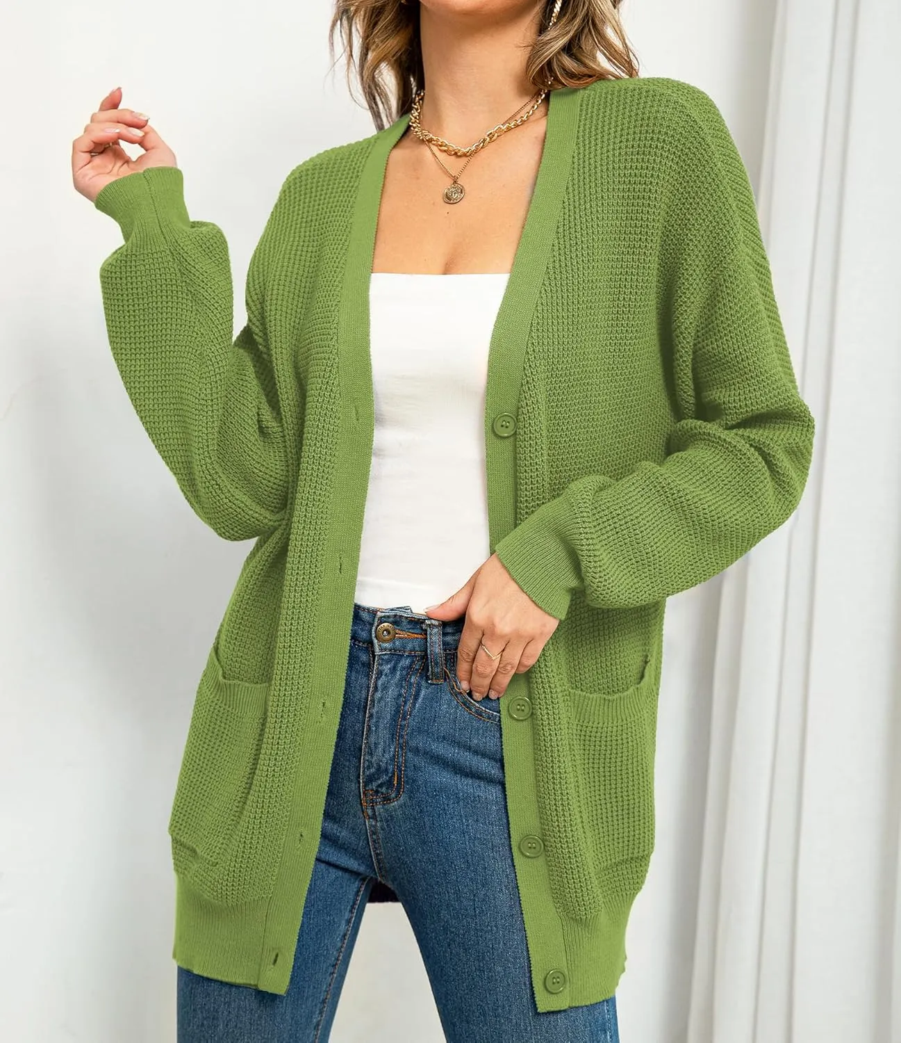 QUALFORT Women's 100% Cotton Cardigan Sweaters for Women Button Down Oversized Knit Outerwear with Pockets