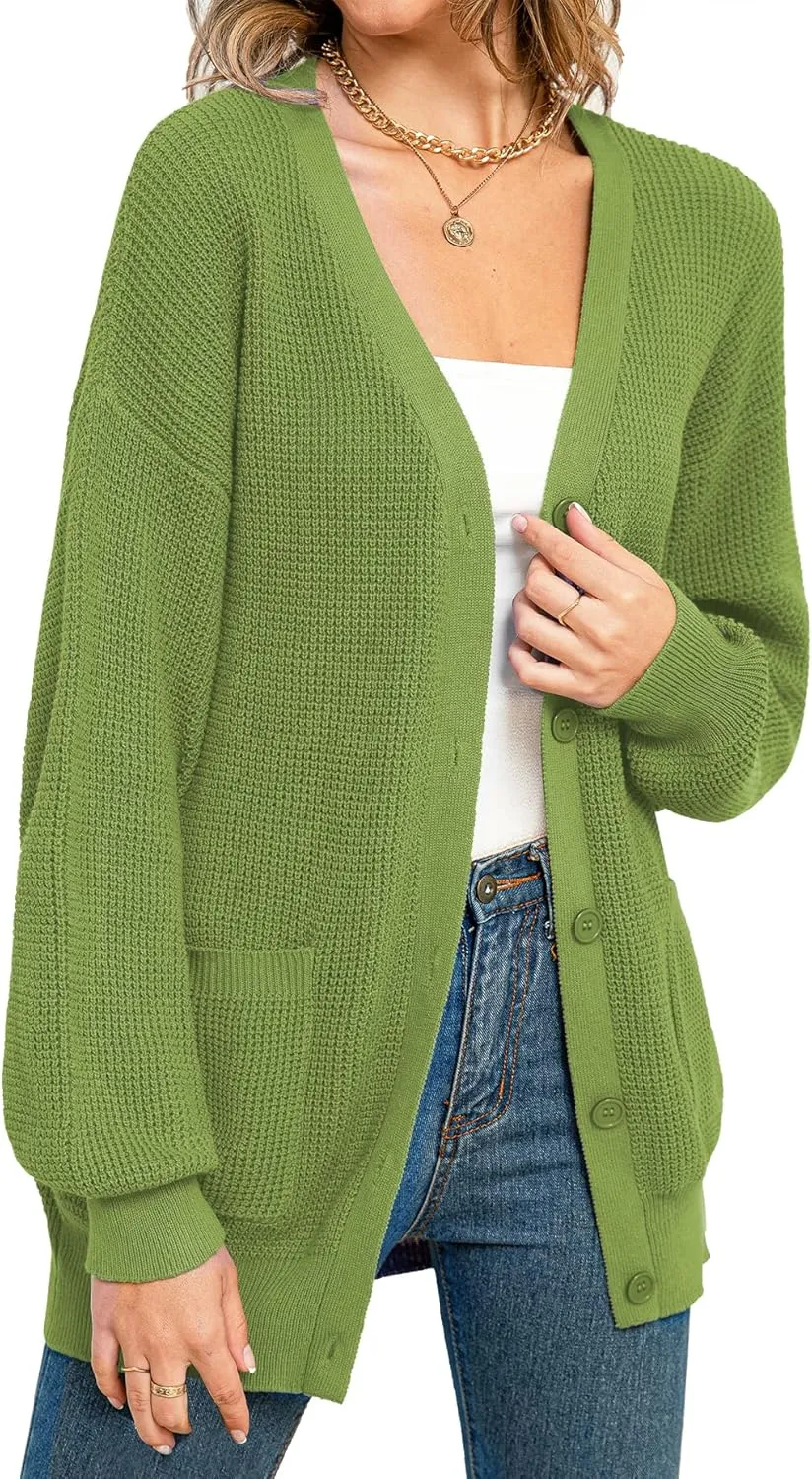 QUALFORT Women's 100% Cotton Cardigan Sweaters for Women Button Down Oversized Knit Outerwear with Pockets