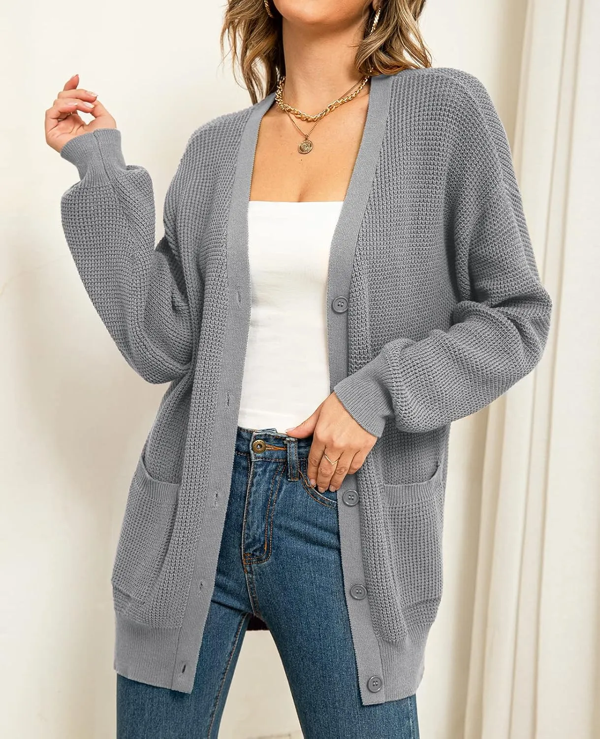 QUALFORT Women's 100% Cotton Cardigan Sweaters for Women Button Down Oversized Knit Outerwear with Pockets