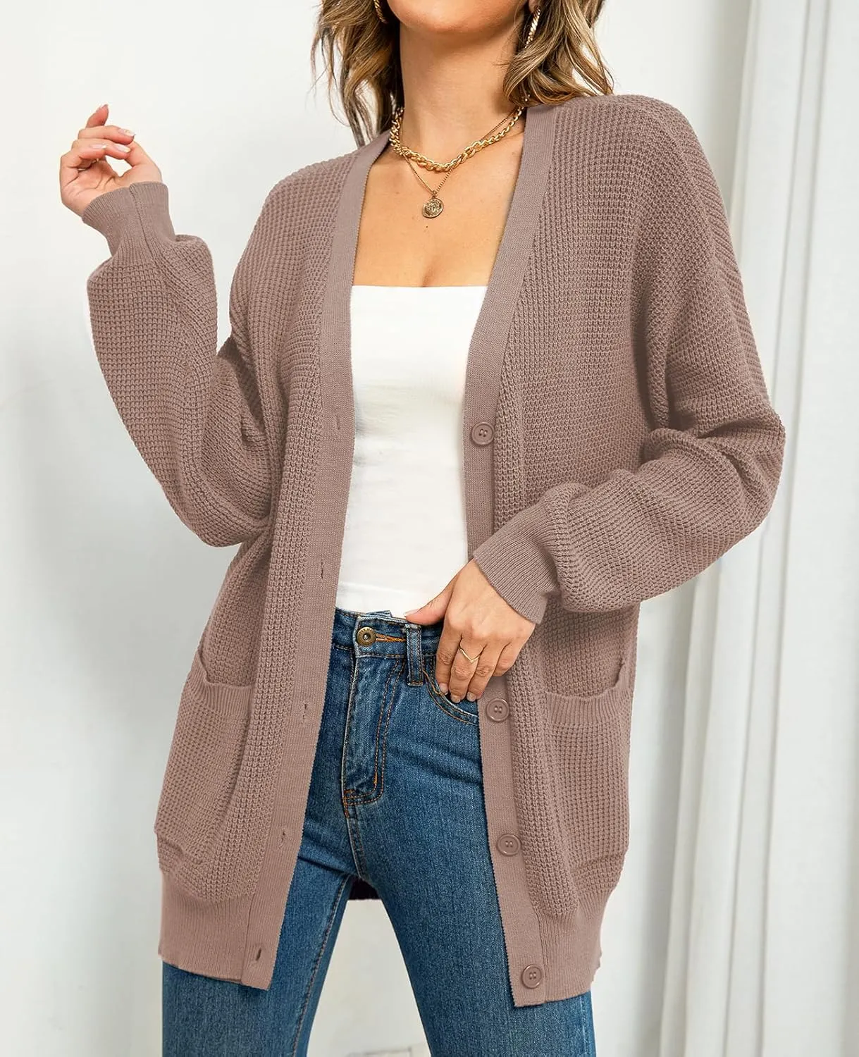 QUALFORT Women's 100% Cotton Cardigan Sweaters for Women Button Down Oversized Knit Outerwear with Pockets