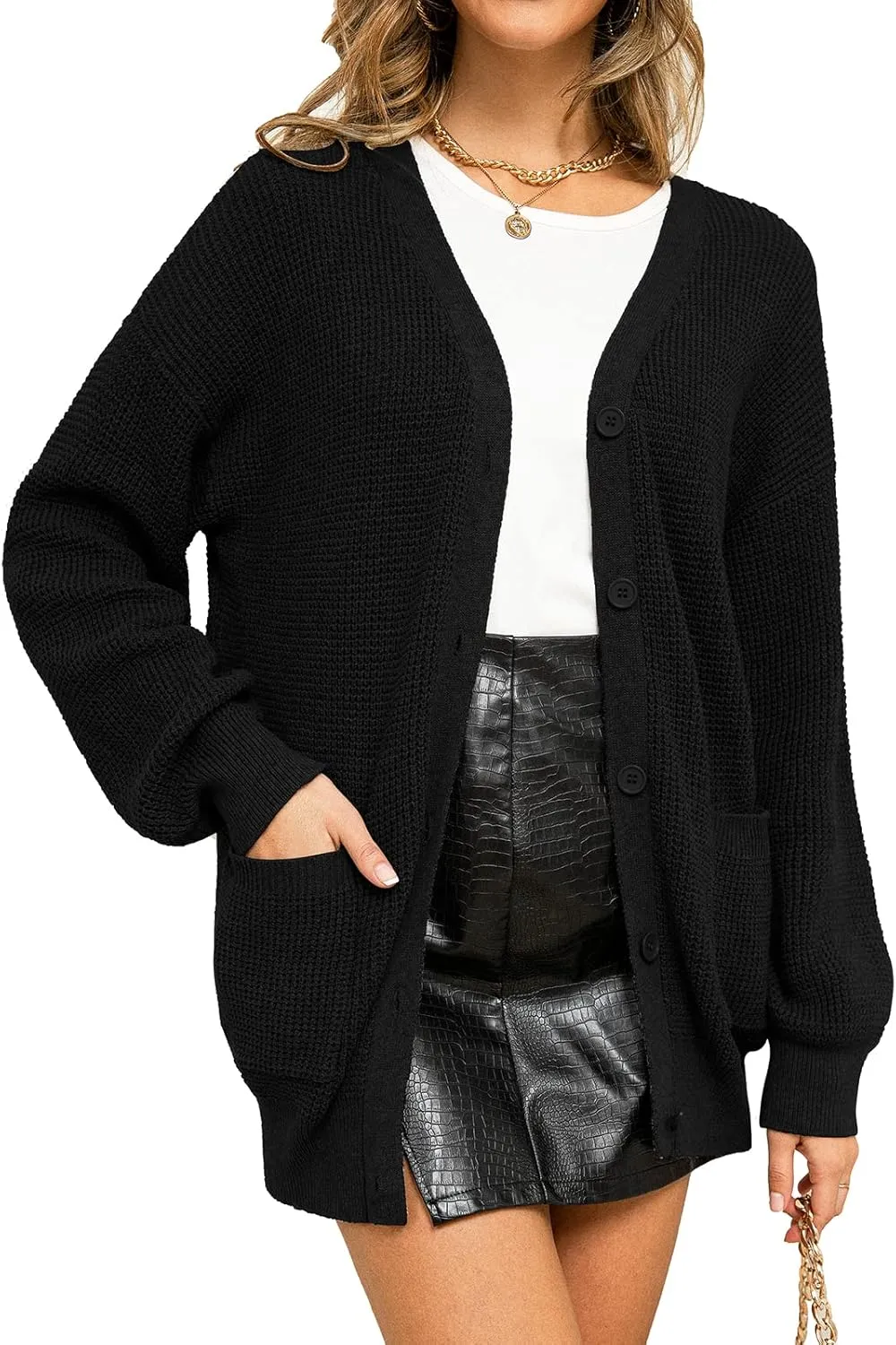QUALFORT Women's 100% Cotton Cardigan Sweaters for Women Button Down Oversized Knit Outerwear with Pockets