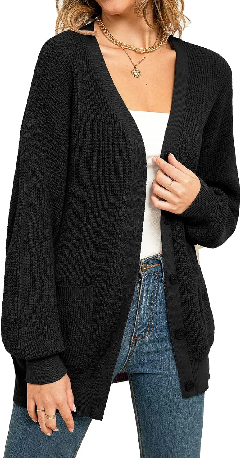 QUALFORT Women's 100% Cotton Cardigan Sweaters for Women Button Down Oversized Knit Outerwear with Pockets