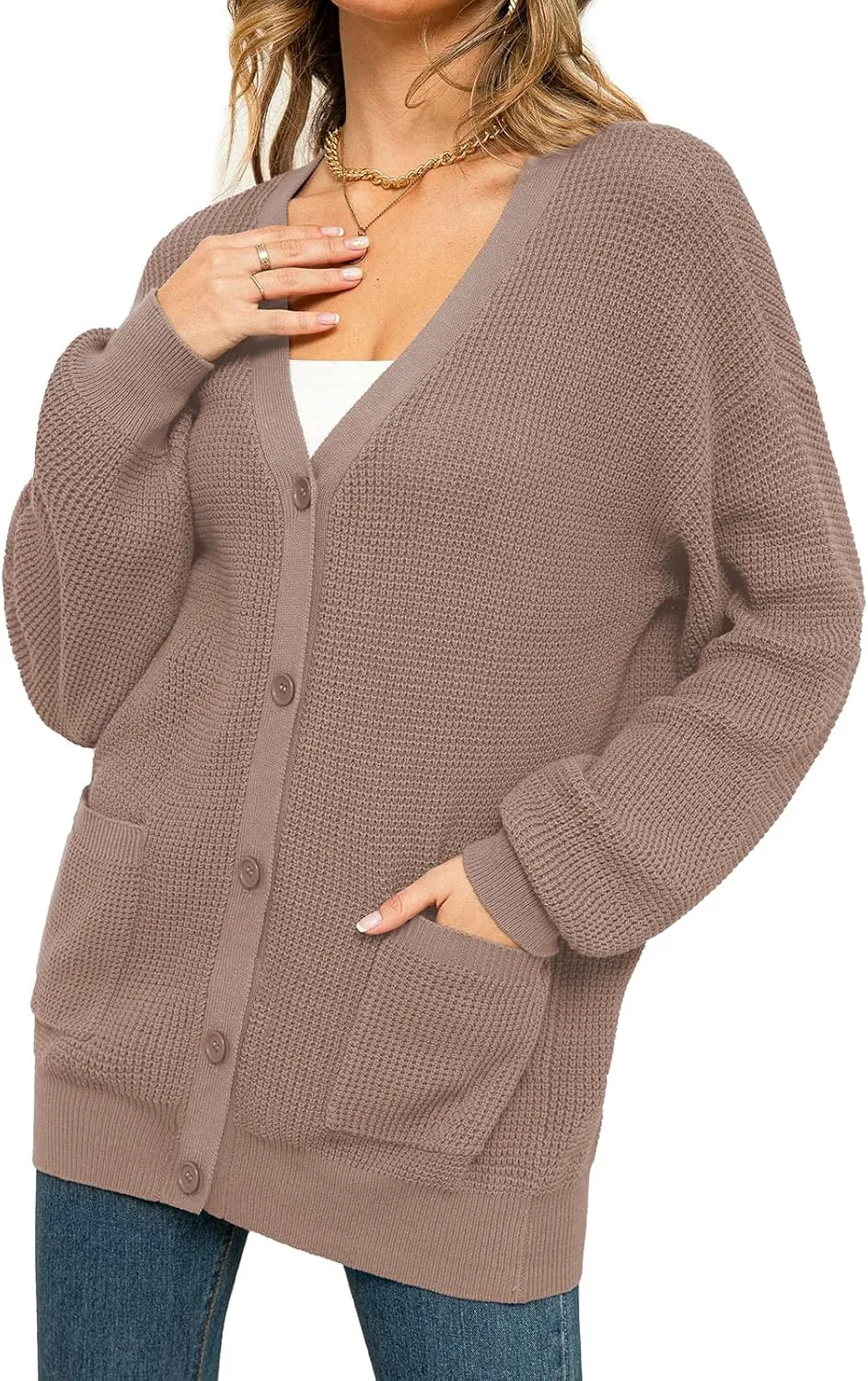 QUALFORT Women's 100% Cotton Cardigan Sweaters for Women Button Down Oversized Knit Outerwear with Pockets