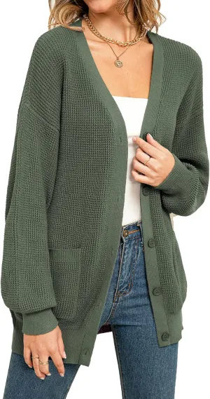 QUALFORT Women's 100% Cotton Cardigan Sweaters for Women Button Down Oversized Knit Outerwear with Pockets