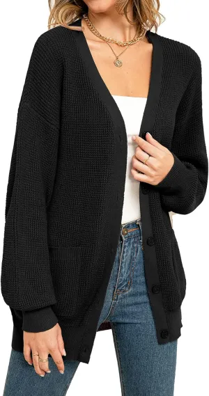 QUALFORT Women's 100% Cotton Cardigan Sweaters for Women Button Down Oversized Knit Outerwear with Pockets