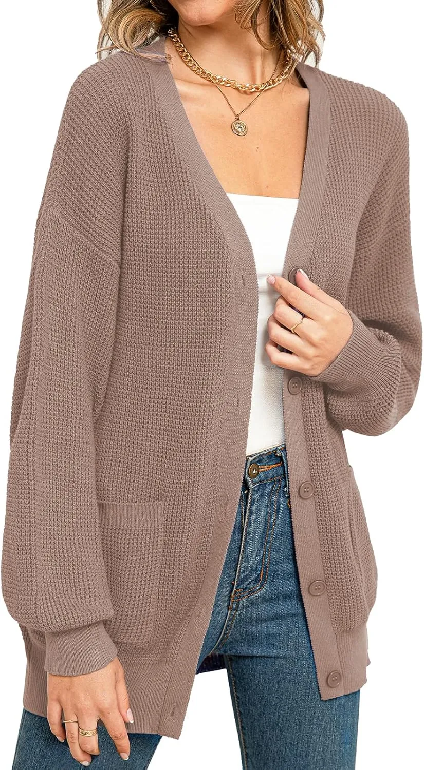 QUALFORT Women's 100% Cotton Cardigan Sweaters for Women Button Down Oversized Knit Outerwear with Pockets