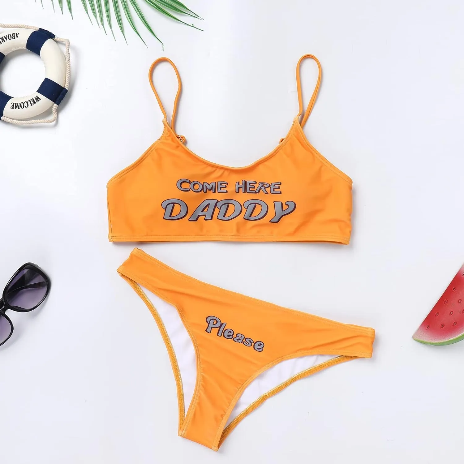 "Flirty 2-Piece 'Yes Daddy Please' Printed Bikini Set - Padded Bra Top & Panty for Ultimate Beach Confidence!"