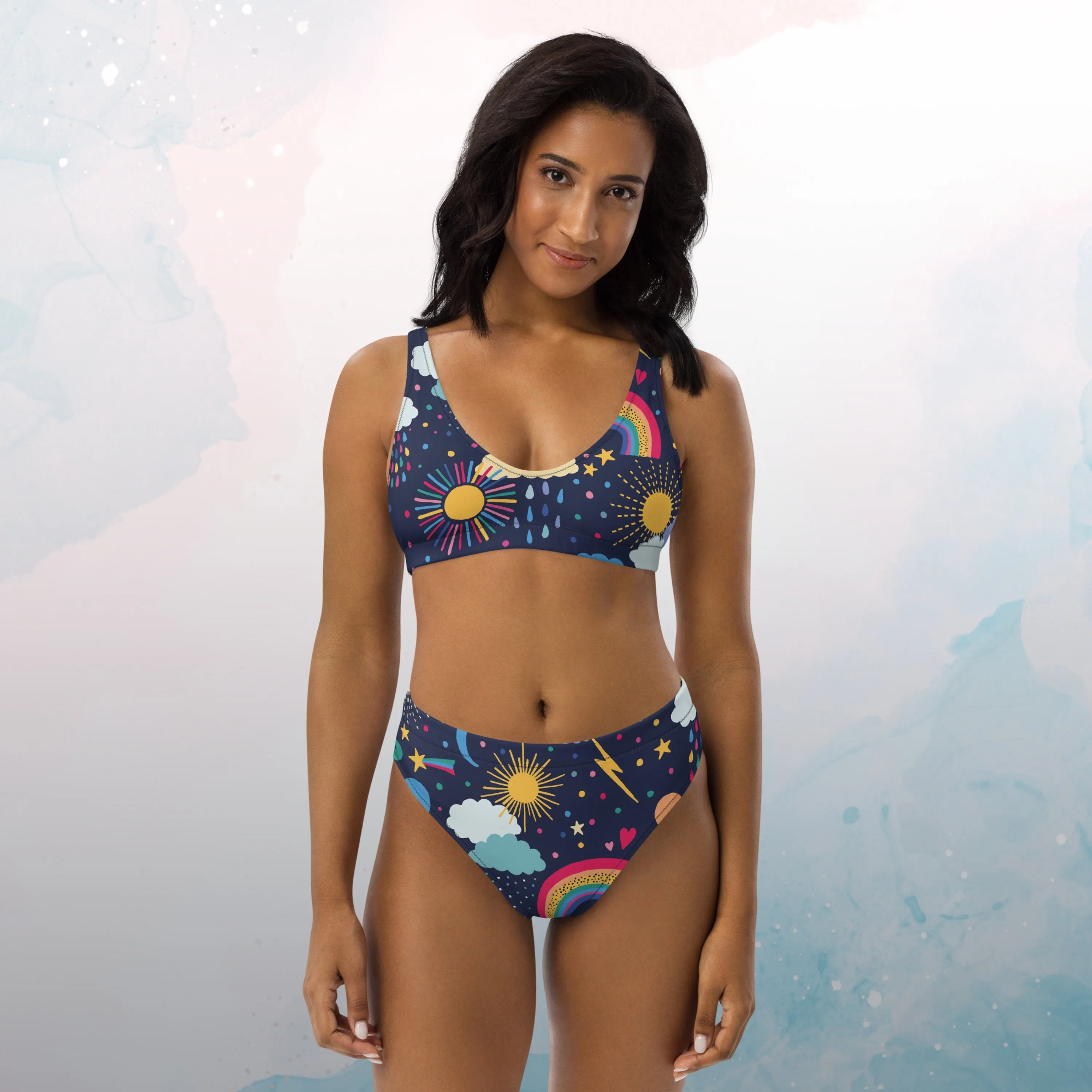 Rainbows and Rain Clouds Weather Themed Recycled High Waisted Bikini Set