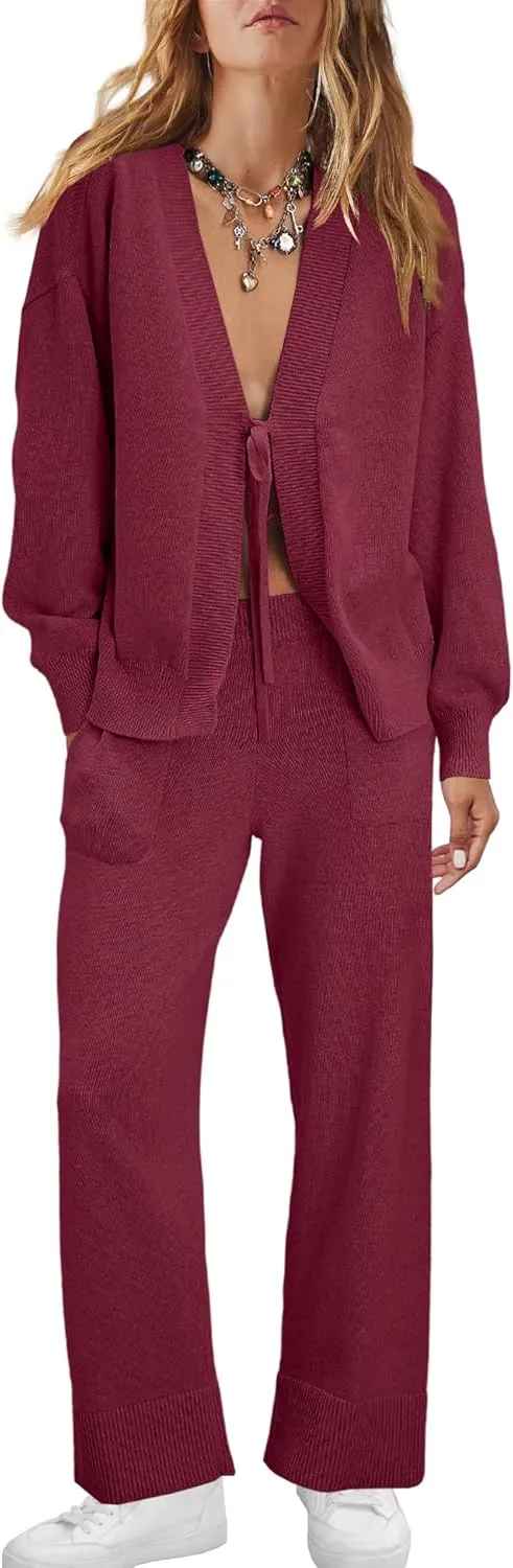 ReachMe Womens 2 Piece Lounge Sets Oversized Fall Outfits Cardigan Sweaters Wide Leg Pants Knit Matching Set Tracksuits