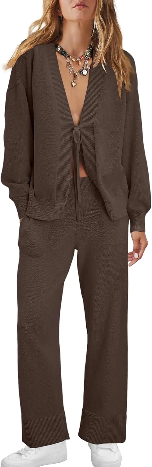 ReachMe Womens 2 Piece Lounge Sets Oversized Fall Outfits Cardigan Sweaters Wide Leg Pants Knit Matching Set Tracksuits