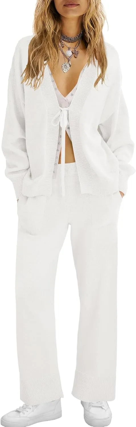 ReachMe Womens 2 Piece Lounge Sets Oversized Fall Outfits Cardigan Sweaters Wide Leg Pants Knit Matching Set Tracksuits