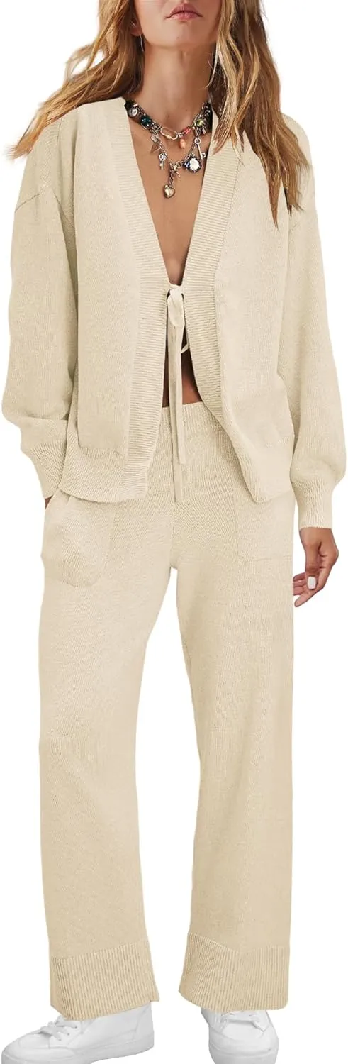 ReachMe Womens 2 Piece Lounge Sets Oversized Fall Outfits Cardigan Sweaters Wide Leg Pants Knit Matching Set Tracksuits