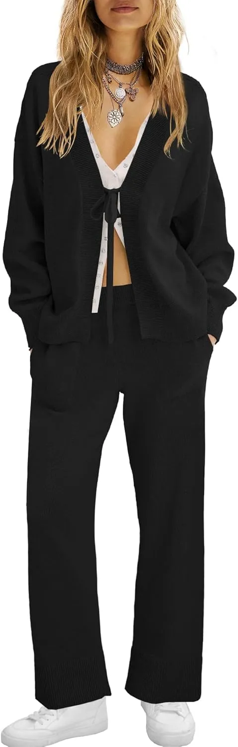 ReachMe Womens 2 Piece Lounge Sets Oversized Fall Outfits Cardigan Sweaters Wide Leg Pants Knit Matching Set Tracksuits