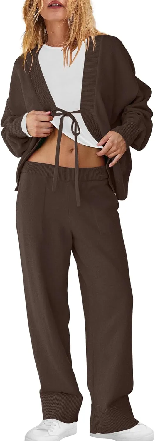 ReachMe Womens 2 Piece Lounge Sets Oversized Fall Outfits Cardigan Sweaters Wide Leg Pants Knit Matching Set Tracksuits