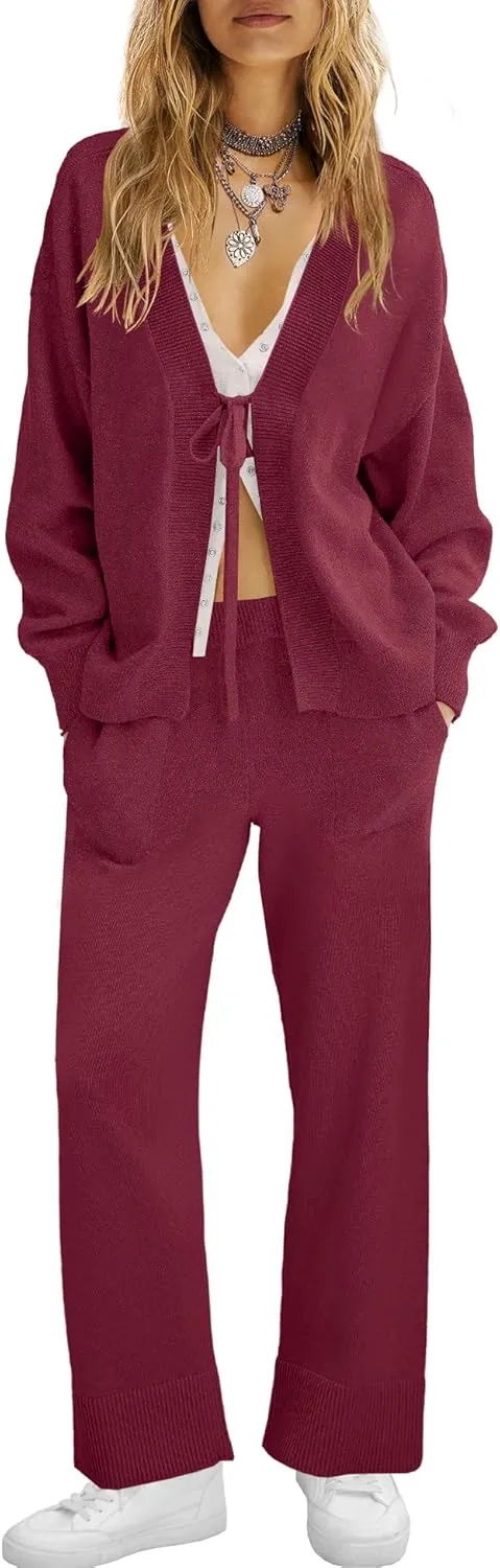 ReachMe Womens 2 Piece Lounge Sets Oversized Fall Outfits Cardigan Sweaters Wide Leg Pants Knit Matching Set Tracksuits