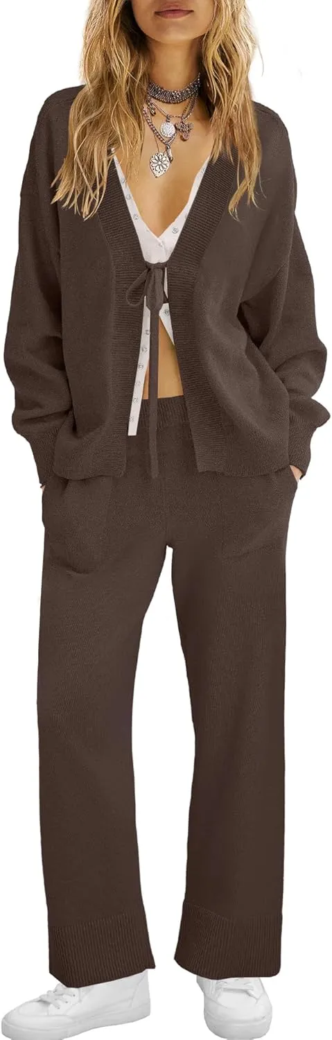 ReachMe Womens 2 Piece Lounge Sets Oversized Fall Outfits Cardigan Sweaters Wide Leg Pants Knit Matching Set Tracksuits