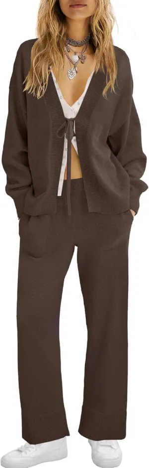 ReachMe Womens 2 Piece Lounge Sets Oversized Fall Outfits Cardigan Sweaters Wide Leg Pants Knit Matching Set Tracksuits