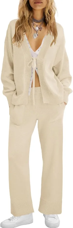 ReachMe Womens 2 Piece Lounge Sets Oversized Fall Outfits Cardigan Sweaters Wide Leg Pants Knit Matching Set Tracksuits
