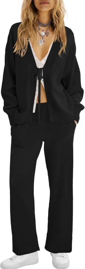 ReachMe Womens 2 Piece Lounge Sets Oversized Fall Outfits Cardigan Sweaters Wide Leg Pants Knit Matching Set Tracksuits