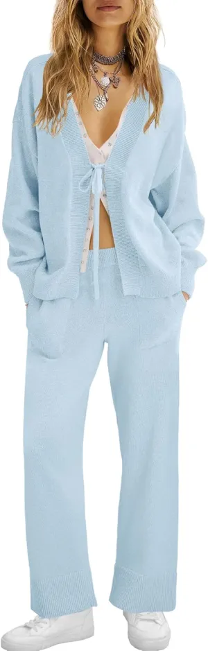 ReachMe Womens 2 Piece Lounge Sets Oversized Fall Outfits Cardigan Sweaters Wide Leg Pants Knit Matching Set Tracksuits