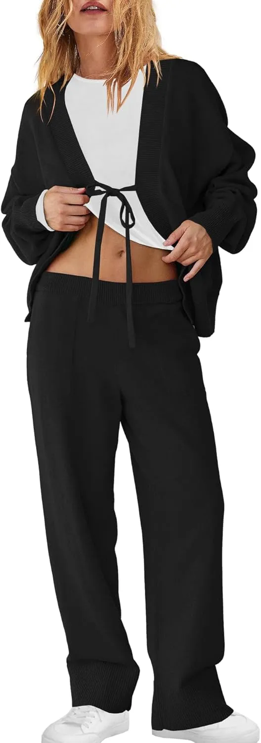 ReachMe Womens 2 Piece Lounge Sets Oversized Fall Outfits Cardigan Sweaters Wide Leg Pants Knit Matching Set Tracksuits