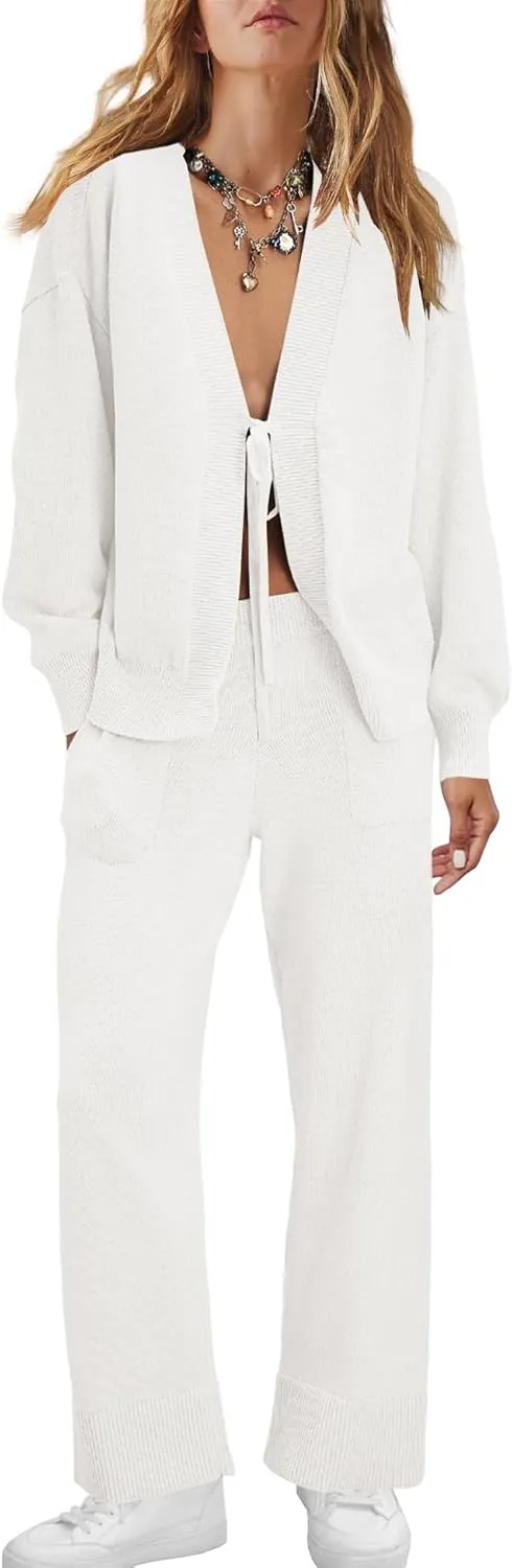 ReachMe Womens 2 Piece Lounge Sets Oversized Fall Outfits Cardigan Sweaters Wide Leg Pants Knit Matching Set Tracksuits