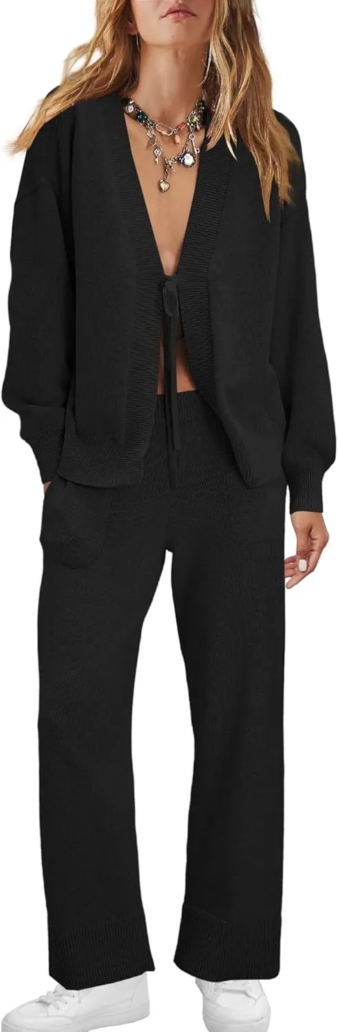 ReachMe Womens 2 Piece Lounge Sets Oversized Fall Outfits Cardigan Sweaters Wide Leg Pants Knit Matching Set Tracksuits