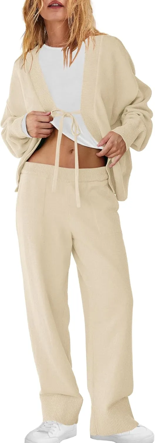 ReachMe Womens 2 Piece Lounge Sets Oversized Fall Outfits Cardigan Sweaters Wide Leg Pants Knit Matching Set Tracksuits