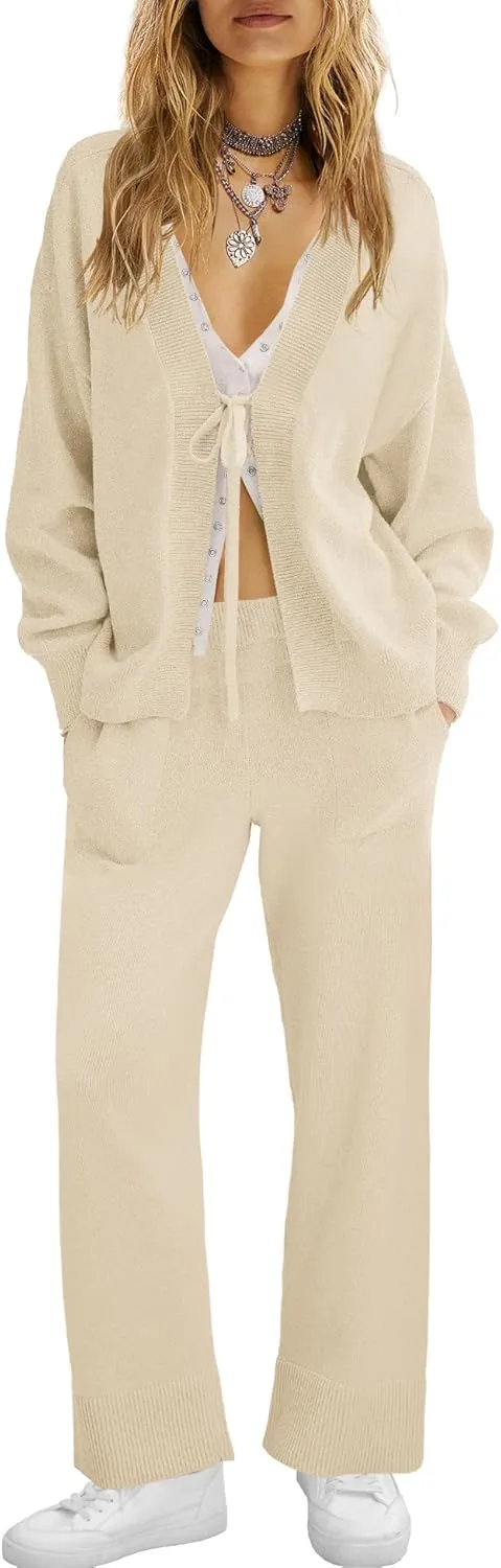 ReachMe Womens 2 Piece Lounge Sets Oversized Fall Outfits Cardigan Sweaters Wide Leg Pants Knit Matching Set Tracksuits