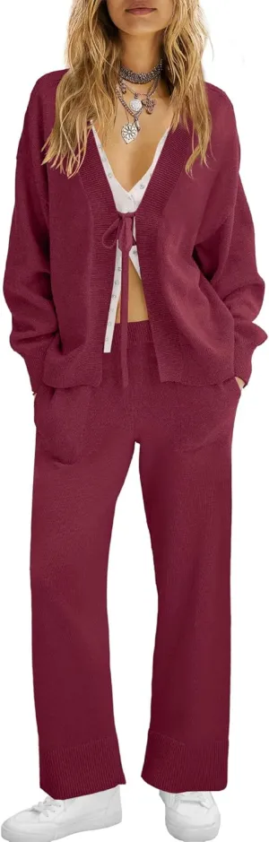 ReachMe Womens 2 Piece Lounge Sets Oversized Fall Outfits Cardigan Sweaters Wide Leg Pants Knit Matching Set Tracksuits