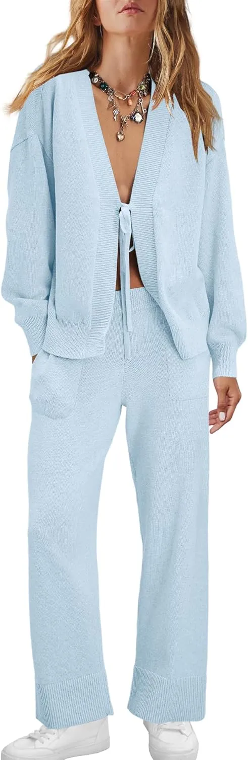 ReachMe Womens 2 Piece Lounge Sets Oversized Fall Outfits Cardigan Sweaters Wide Leg Pants Knit Matching Set Tracksuits