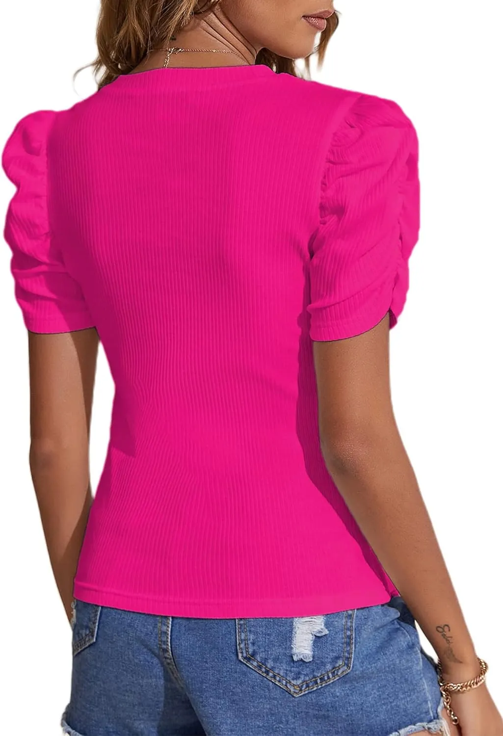 Remidoo Women's Casual Puff Short Sleeve Top Crewneck Solid Slim Fit T Shirt Blouse