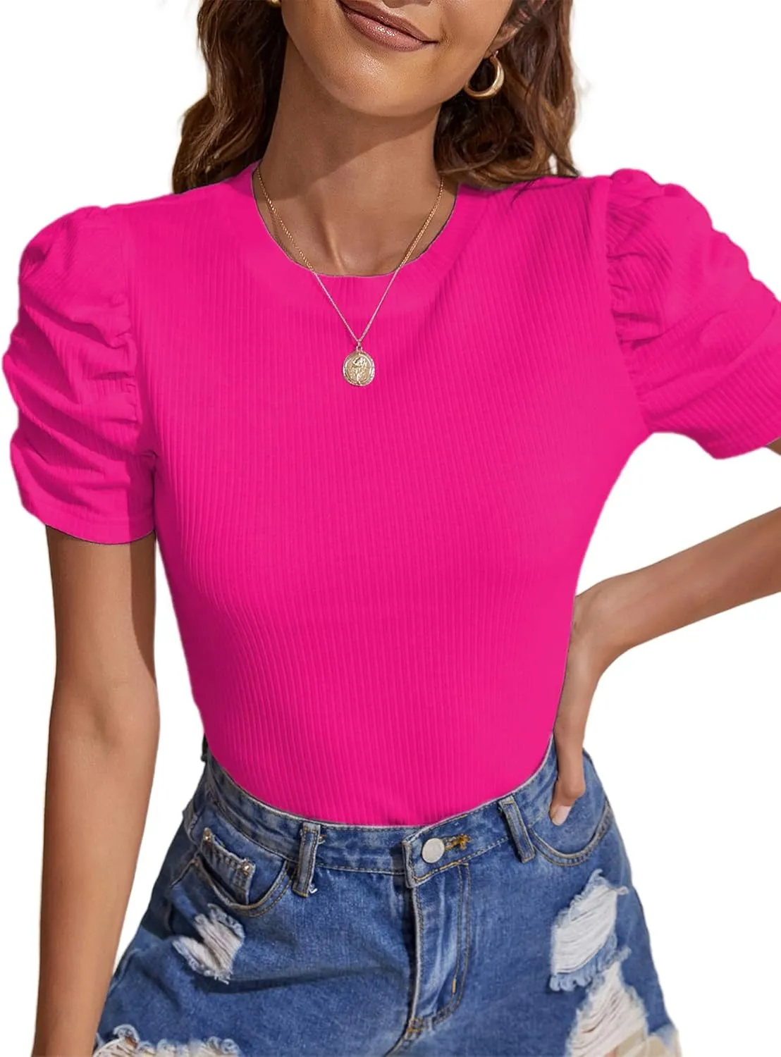 Remidoo Women's Casual Puff Short Sleeve Top Crewneck Solid Slim Fit T Shirt Blouse