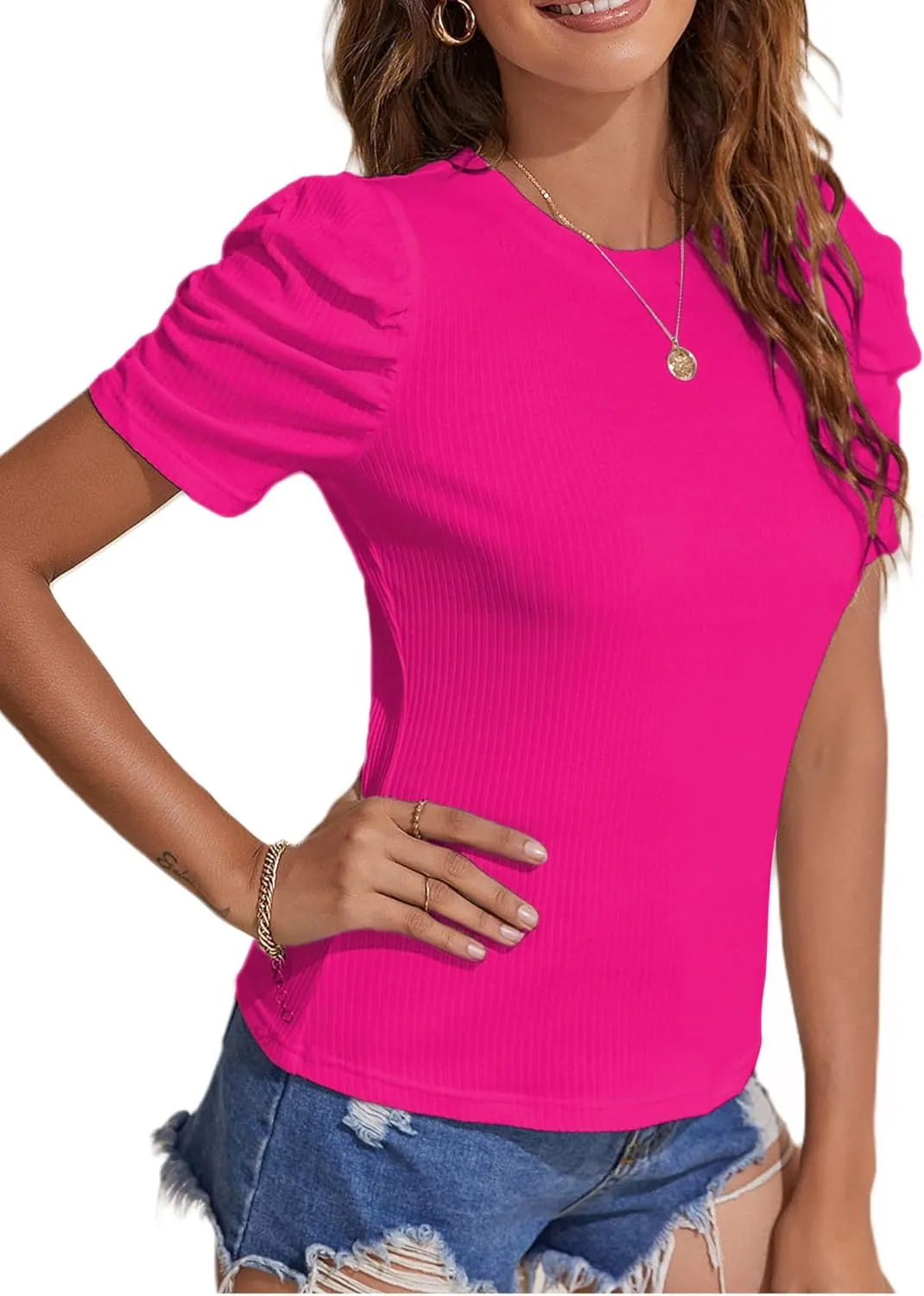 Remidoo Women's Casual Puff Short Sleeve Top Crewneck Solid Slim Fit T Shirt Blouse